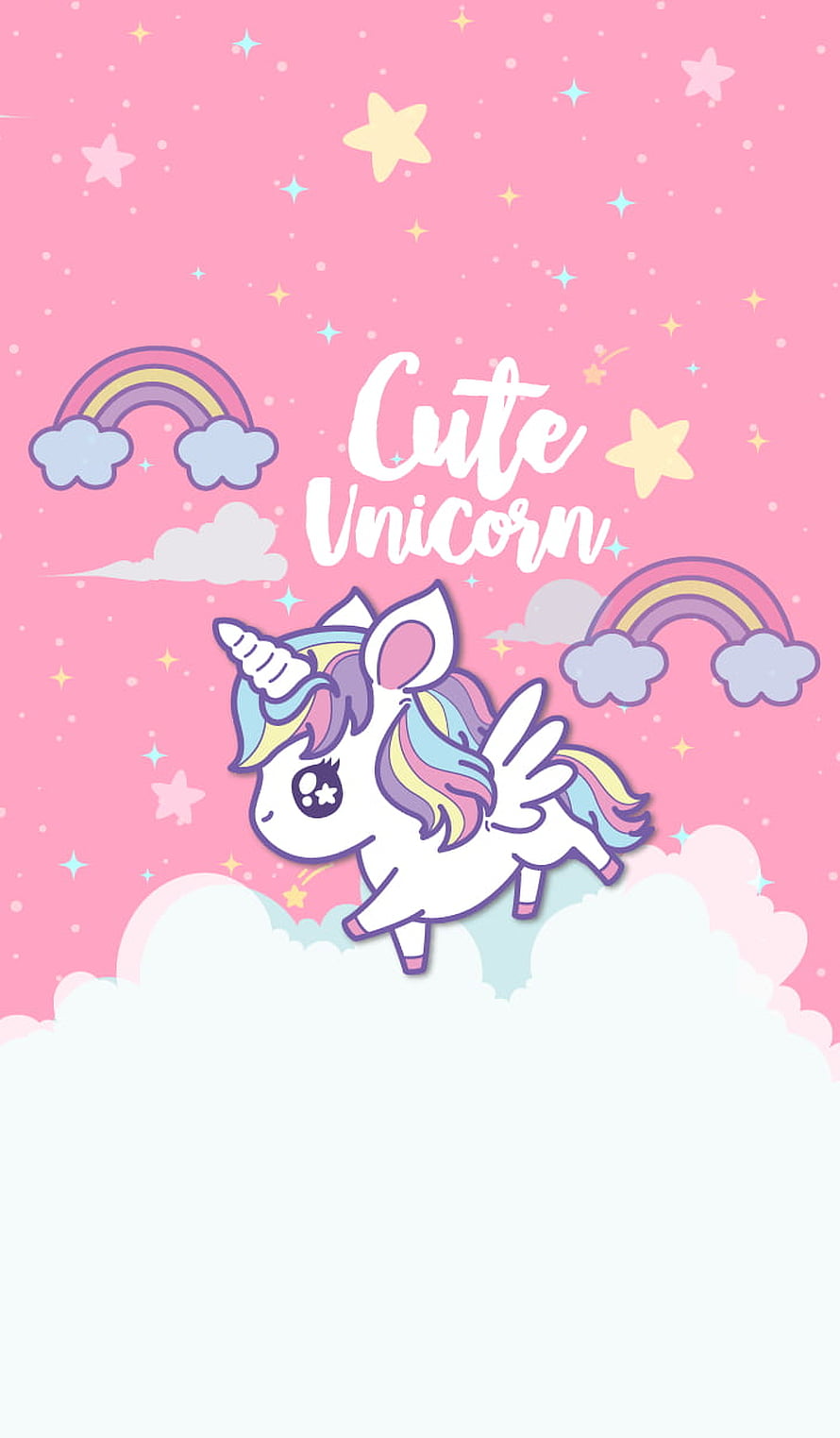 Cute Cartoon Unicorn with Rainbow Mane and Wings on Pink Cloud Background HD phone wallpaper