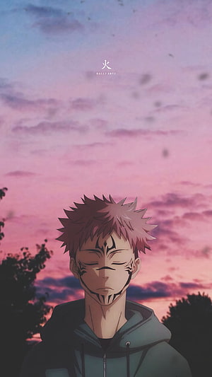 Anime Character With Red Hair And Face Tattoos Against Pink Sunset Sky HD phone wallpaper