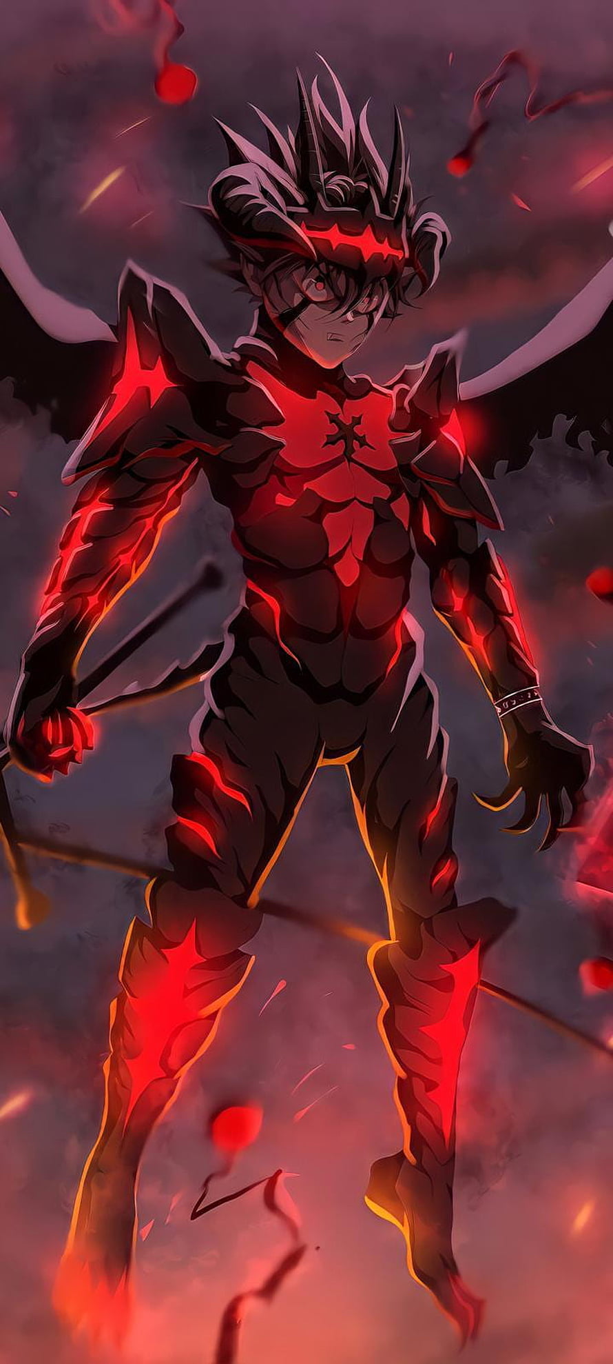 Anime Character in Dark Armor with Glowing Red Energy and Wings HD phone wallpaper