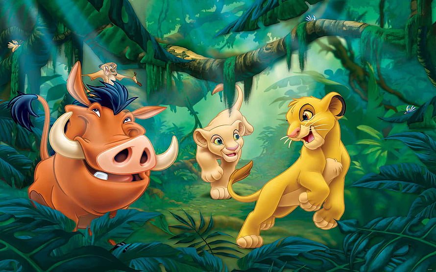 The Lion King: Simba, Nala, Timon, and Pumbaa in a Lush Jungle Scene HD wallpaper