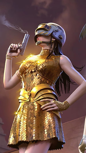 Garena Free Fire character in golden scale dress holding smoking pistol HD phone wallpaper
