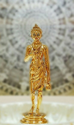 Golden Nilkanth Standing Figure with Ornate Jewelry and Traditional Attire HD phone wallpaper