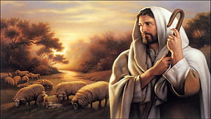 Jesus as the Good Shepherd with Flock at Sunset HD wallpaper