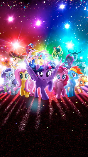 My Little Pony: The Movie Ensemble Cast Under a Vibrant Starburst Sky HD phone wallpaper