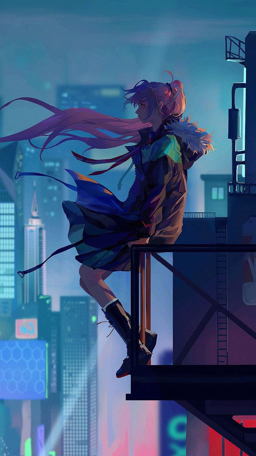 Anime Girl With Long Purple Hair Sitting On A Futuristic City Balcony At Night HD phone wallpaper