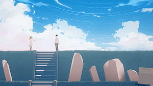 Yorushika Anime Illustration of Two Figures on a Hillside Under a Vast Blue Sky HD wallpaper