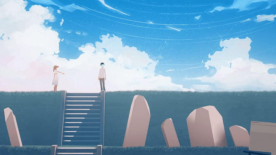 Yorushika Anime Illustration of Two Figures on a Hillside Under a Vast Blue Sky HD wallpaper