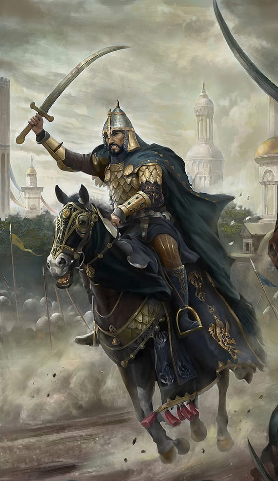 Saladin on Horseback with Scimitar in Medieval Islamic Battle Scene HD phone wallpaper