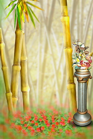 Elegant Bamboo Garden Scene With Floral Pedestal And Red Flowers HD phone wallpaper