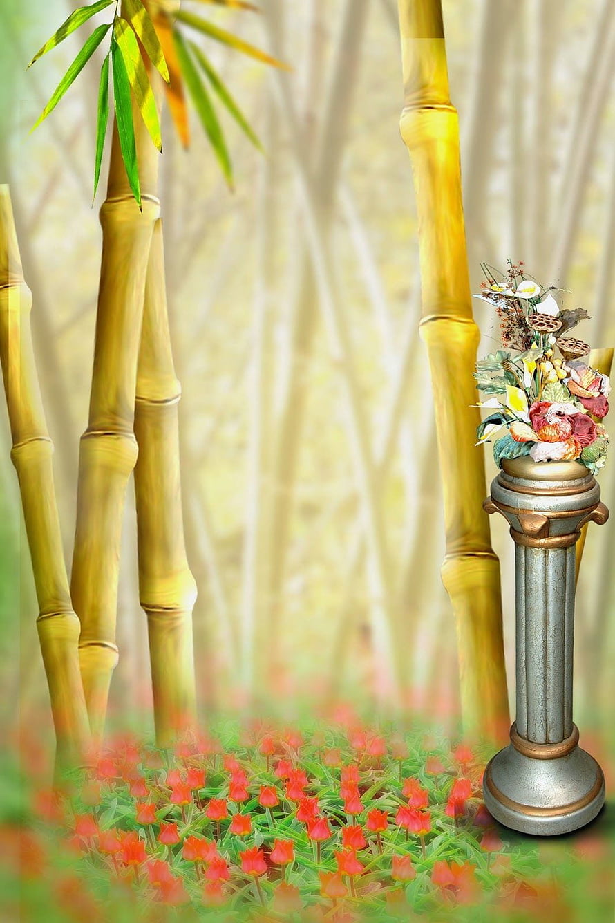 Elegant Bamboo Garden Scene With Floral Pedestal And Red Flowers HD phone wallpaper