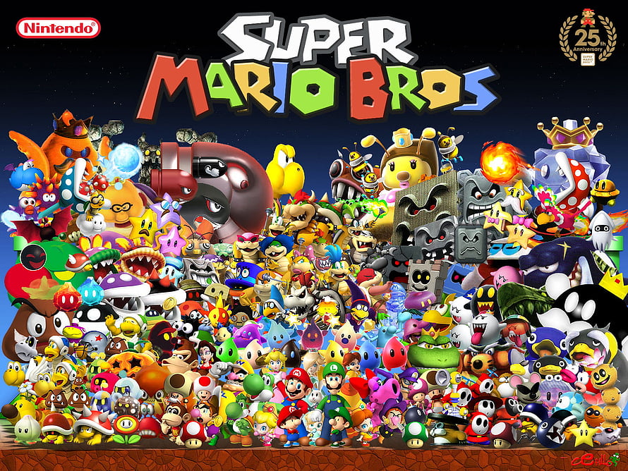 Super Mario Bros 25th Anniversary Character Lineup and Enemy Collection HD wallpaper
