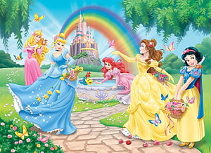 Disney Princesses Gathering in a Magical Garden with Castle and Rainbow HD wallpaper