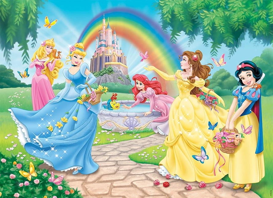 Disney Princesses Gathering in a Magical Garden with Castle and Rainbow HD wallpaper