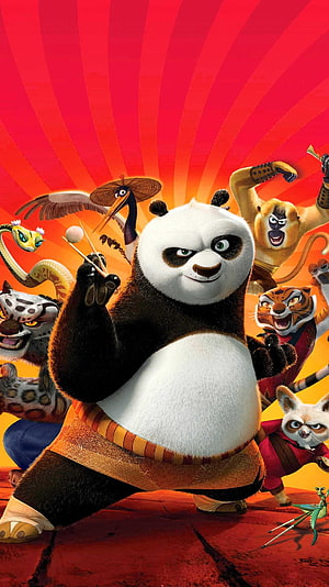 Kung Fu Panda Po and the Furious Five in a dynamic martial arts pose against a vibrant red background HD phone wallpaper