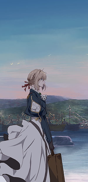Violet Evergarden anime character standing by the harbor at dusk with a suitcase HD phone wallpaper