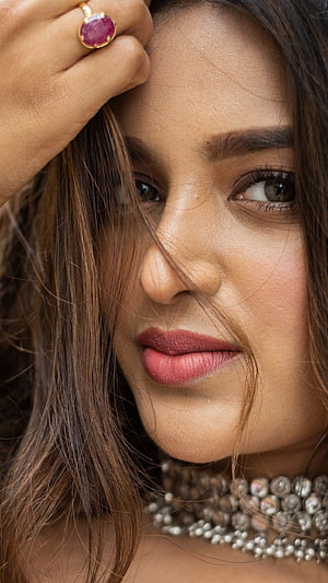 Nidhhi Agerwal Close-Up Portrait With Ruby Ring And Beaded Choker Necklace HD phone wallpaper