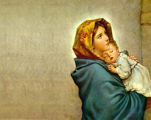 Mother Mary Cradling Baby Jesus in a Serene Classical Religious Painting HD wallpaper