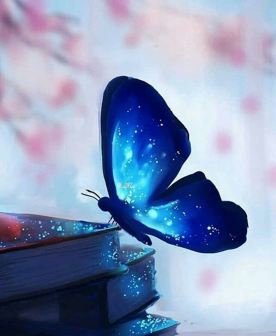 Glowing Blue Butterfly Perched on Stacked Books with Soft Pink Blossoms HD phone wallpaper