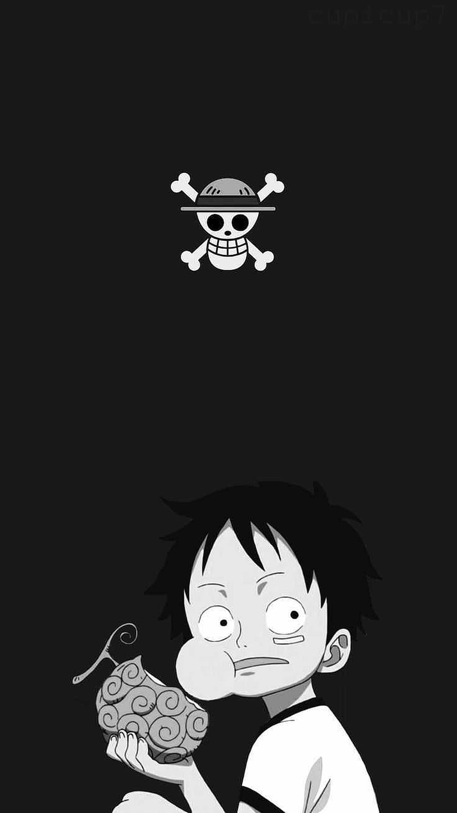 Luffy Holding Devil Fruit with Straw Hat Jolly Roger on Black Background HD phone wallpaper