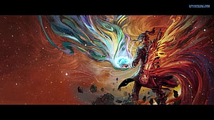 Anime character wielding colorful energy flames and sword in cosmic space background HD wallpaper