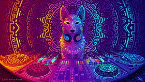 Psychedelic Wolf DJ with Headphones at Neon Turntables in Trippy Geometric Tunnel HD wallpaper