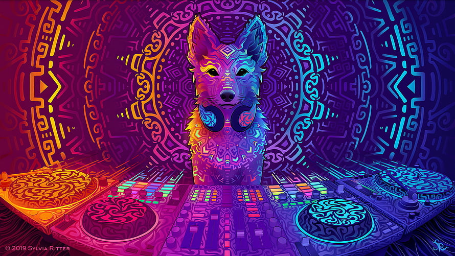 Psychedelic Wolf DJ with Headphones at Neon Turntables in Trippy Geometric Tunnel HD wallpaper