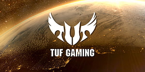 TUF Gaming Logo Over Golden Planet Horizon With City Lights HD wallpaper