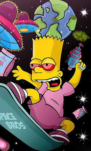 Bart Simpson Space Skateboarding Illustration with UFOs and Earth in Cosmic Setting HD phone wallpaper
