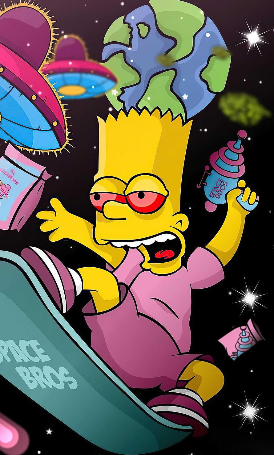 Bart Simpson Space Skateboarding Illustration with UFOs and Earth in Cosmic Setting HD phone wallpaper