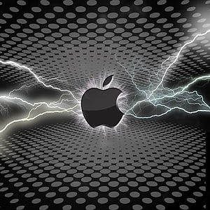 Apple Logo with Electric Lightning on Dark Perforated Metal Background HD phone wallpaper