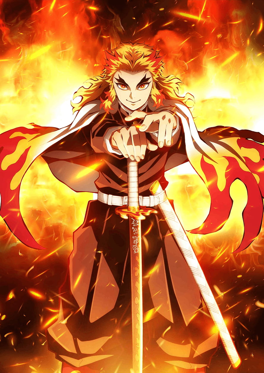 Kyojuro Rengoku from Demon Slayer Wielding Sword Amidst Intense Flames HD phone wallpaper