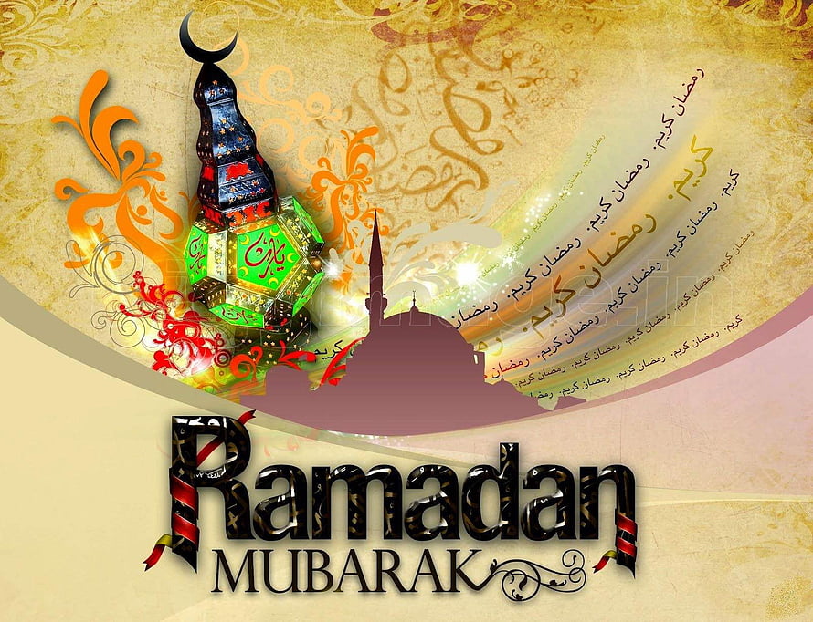 Ramadan Mubarak Greeting Card with Mosque Silhouette and Decorative Lantern HD wallpaper