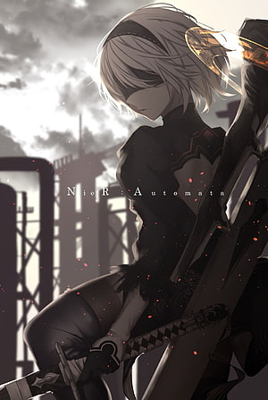 2B from NieR Automata in a moody monochrome anime illustration with red embers and a ruined cityscape HD phone wallpaper