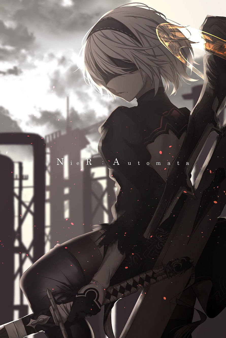 2B from NieR Automata in a moody monochrome anime illustration with red embers and a ruined cityscape HD phone wallpaper