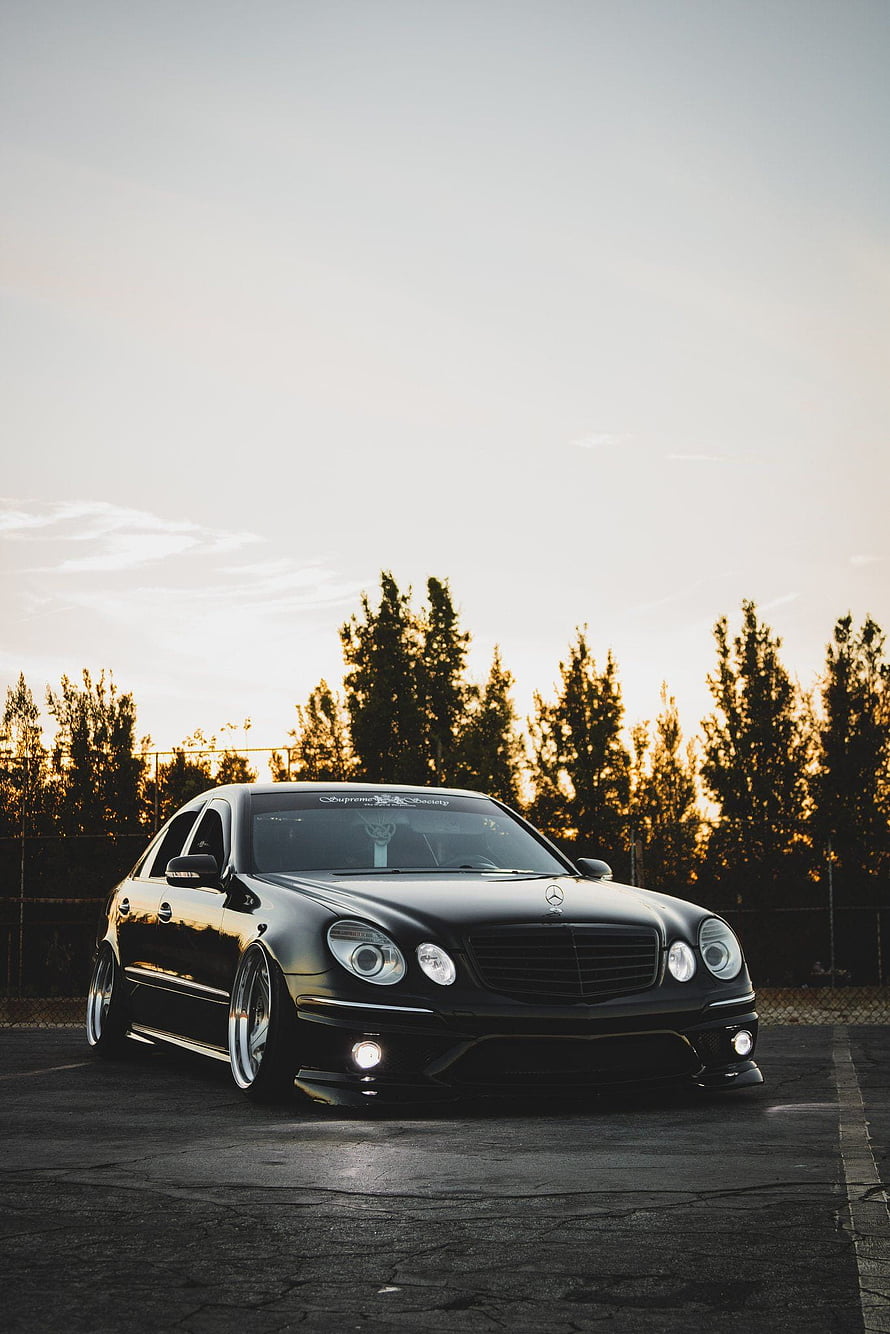 Matte Black Mercedes-Benz W211 E-Class Stance Build at Sunset HD phone wallpaper