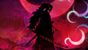 Silhouette of Akaza from Demon Slayer with glowing eyes and sword against a red moon HD wallpaper