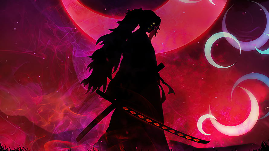 Silhouette of Akaza from Demon Slayer with glowing eyes and sword against a red moon HD wallpaper