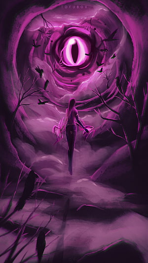 Reyna Valorant Fanart: Mysterious Purple Portal and Glowing Eye in Dark Forest HD phone wallpaper