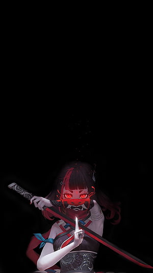 Dark Anime Girl with Red Fox Mask and Katana in Black Background HD phone wallpaper