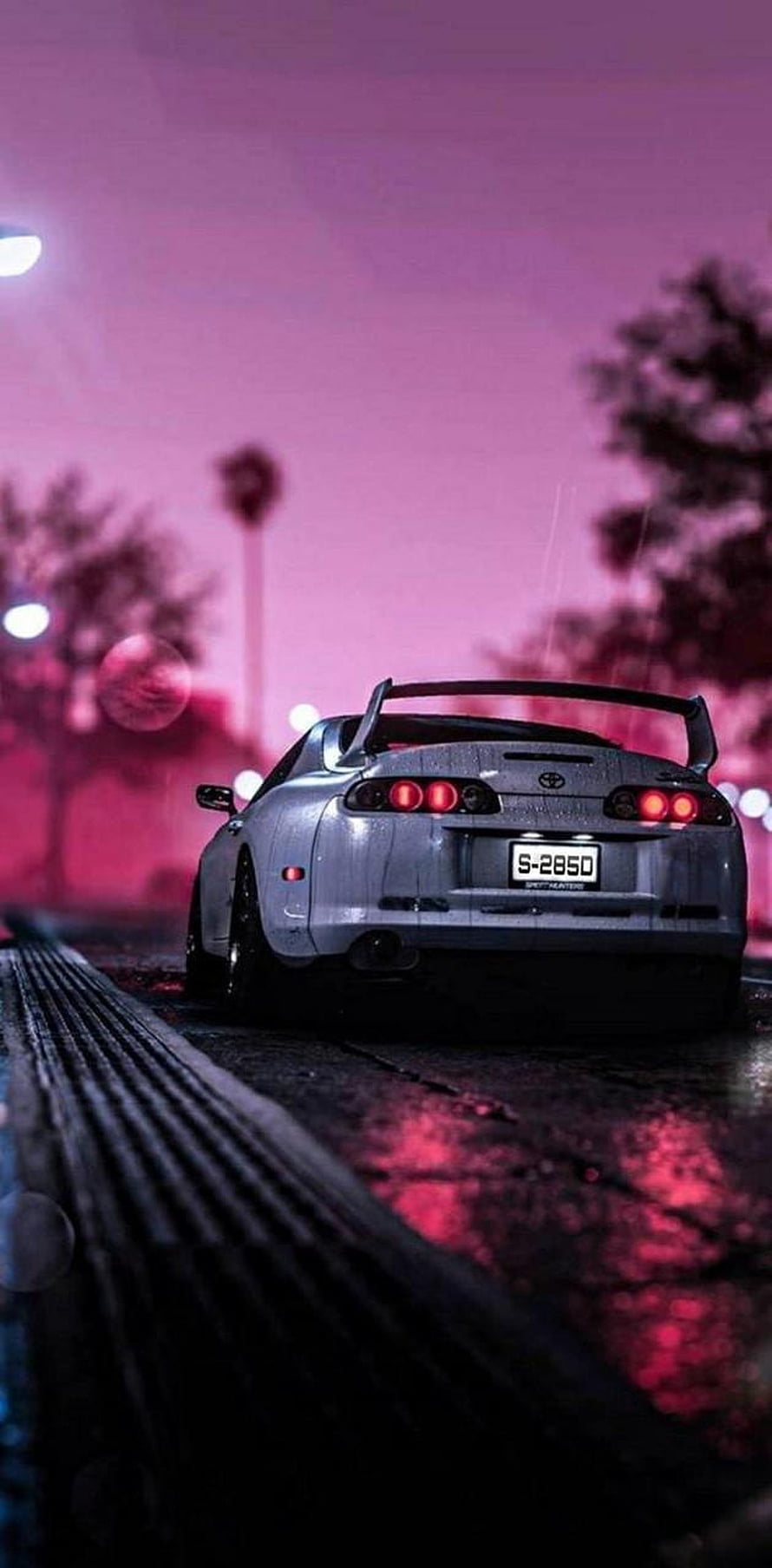 Silver Toyota Supra Rear View on Wet Night Street with Neon Pink Sky HD phone wallpaper