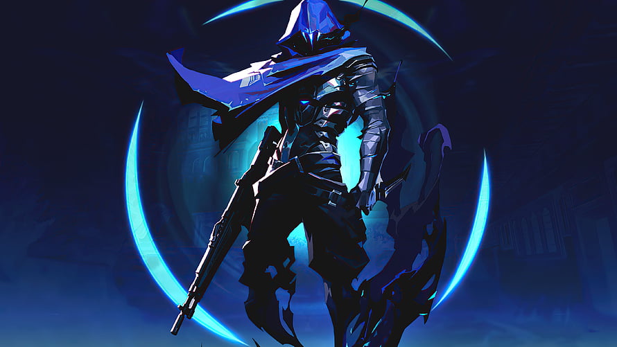 Mystical Blue Assassin Character With Glowing Crescent Blades And Rifle HD wallpaper