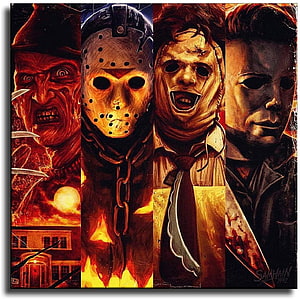 Classic Horror Villains Artwork Featuring Freddy Krueger, Jason Voorhees, Michael Myers, and Leatherface HD wallpaper