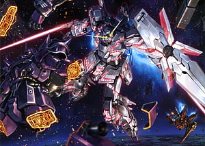 Gundam Unicorn Battle Scene with Purple Mobile Suit in Space HD wallpaper
