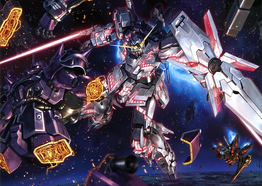 Gundam Unicorn Battle Scene with Purple Mobile Suit in Space HD wallpaper