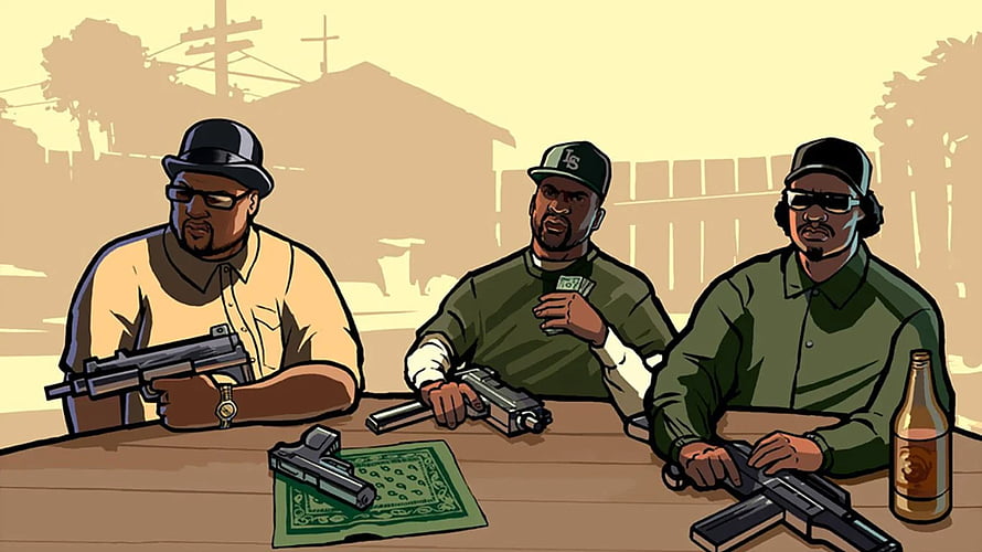 GTA San Andreas CJ, Sweet, and Ryder sitting at a table with guns and money HD wallpaper