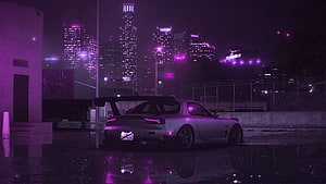 Mazda RX-7 FD3S in Neon Purple Cyberpunk Cityscape at Night HD wallpaper