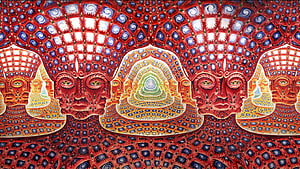 Alex Grey Sacred Geometry Painting with Intricate Red and Blue Mandala Patterns HD wallpaper