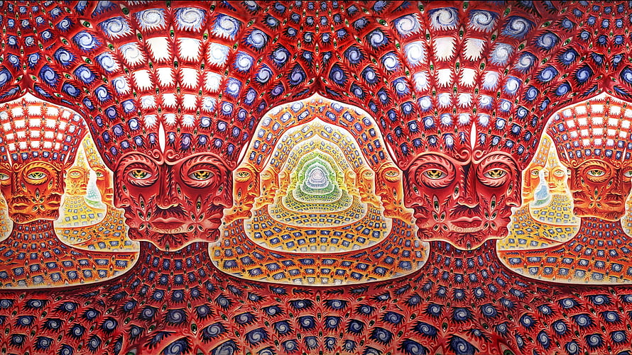 Alex Grey Sacred Geometry Painting with Intricate Red and Blue Mandala Patterns HD wallpaper