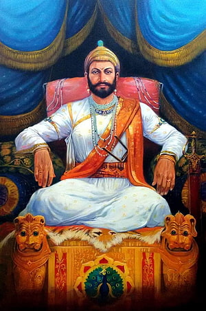 Portrait of Chhatrapati Shivaji Maharaj Sitting on Peacock Throne with Blue Curtains HD phone wallpaper