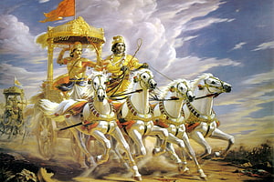 Arjuna and Krishna in the Chariot from the Mahabharata Epic Battle Scene HD wallpaper